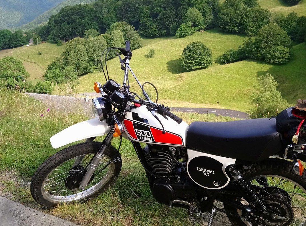 Yamaha XT500 photographed in the French mountains